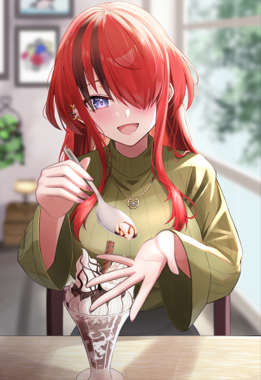 1girl :d absurdres blurry blurry_background breasts commentary_request devonrex food green_sweater hair_over_one_eye head_tilt highres holding holding_spoon ice_cream lain_paterson large_breasts long_hair long_sleeves looking_at_viewer nijisanji open_mouth redhead smile solo spoon sweater turtleneck turtleneck_sweater very_long_hair violet_eyes