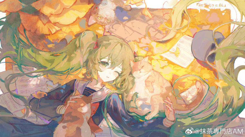 1girl autumn_leaves black_headwear blue_nails blue_serafuku blue_shirt blue_skirt blue_sleeves book border bow bowtie calico cat_on_person collared_shirt commentary cowboy_shot green_eyes green_hair hair_bow hair_spread_out hat hatsune_miku highres long_hair long_sleeves looking_at_animal lying maccha_(mochancc) nail_polish on_back one_eye_closed open_book outdoors outside_border outstretched_arm parted_lips petting red_bow red_bowtie sailor_collar school_uniform serafuku sheet_music shirt skirt skirt_set solo symbol-only_commentary twintails unworn_hat unworn_headwear very_long_hair vocaloid watermark weibo_logo weibo_username white_border white_sailor_collar