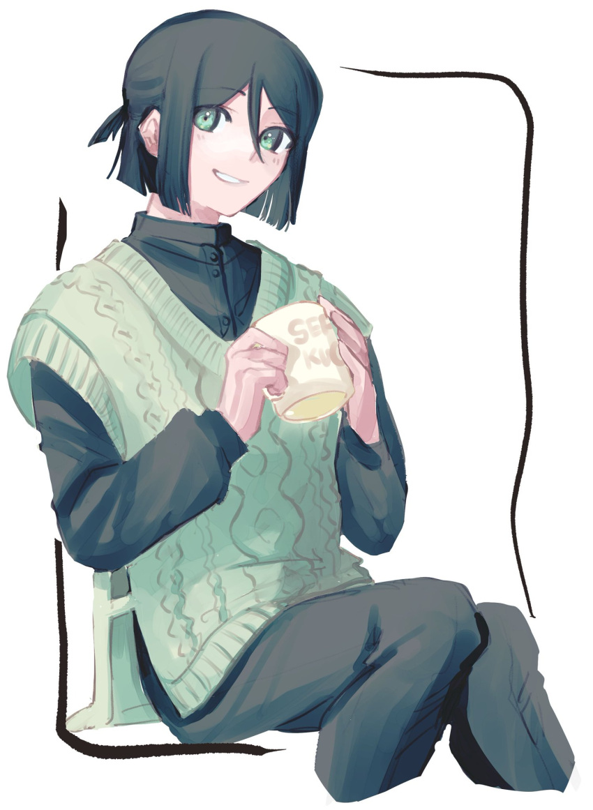 1boy black_hair black_pants black_shirt buttons cropped_legs cup fate/zero fate_(series) green_eyes grey_sweater grin happy highres holding holding_cup looking_at_viewer male_focus mug pants shirt smile solo sweater tokoni_fusu waver_velvet