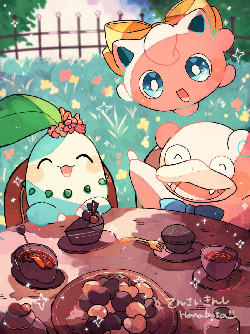 :d artist_name blue_bow blue_eyes bow bright_pupils cake cherry chikorita chocolate chocolate_cake closed_eyes colored_skin commentary_request cup fangs fence floating flower flower_on_head food fork fruit grass green_skin hanabusaoekaki highres jigglypuff leaf muffin on_chair open_mouth outdoors pink_skin plate pokemon pokemon_(creature) sitting slowpoke smile sparkle table tea teacup white_pupils yellow_bow