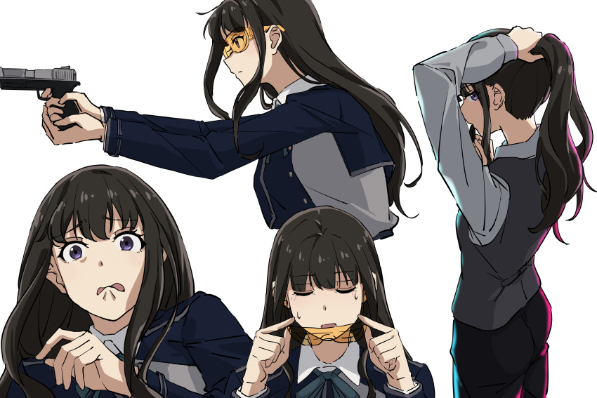 1girl absurdres black_hair black_pants blue_dress chinese_commentary closed_eyes collared_shirt commentary cropped_torso dress fafayu finger_on_trigger grey_dress grey_shirt grey_vest gun hair_tie_in_mouth handgun highres holding holding_gun holding_weapon inoue_takina light_blush long_hair long_sleeves looking_at_viewer lycoris_recoil lycoris_uniform mouth_hold multiple_views nape official_alternate_costume pants ponytail safety_glasses scared shirt sidelocks simple_background sweatdrop tinted_eyewear two-tone_dress tying_hair upper_body vest violet_eyes weapon white_background white_shirt yellow-tinted_eyewear