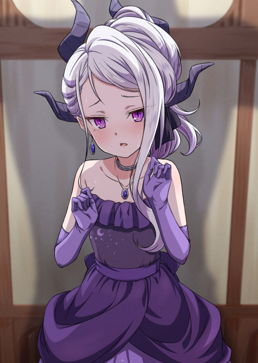 1girl black_horns blue_archive blush demon_horns dress elbow_gloves gloves highres hina_(blue_archive) hina_(dress)_(blue_archive) horns jewelry long_hair looking_at_viewer multiple_horns necklace official_alternate_costume official_alternate_hairstyle parted_lips pendant purple_dress purple_gloves sekishoku_manboo solo strapless strapless_dress violet_eyes white_hair