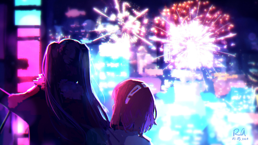 2girls absurdres arm_up black_hair city_lights dated dorothy_haze facing_ahead facing_another fireworks from_behind fur-trimmed_jacket fur_trim highres jacket jill_stingray long_hair multiple_girls night outdoors red_jacket redhead rnna shirt short_hair side-by-side signature twintails upper_body va-11_hall-a white_shirt