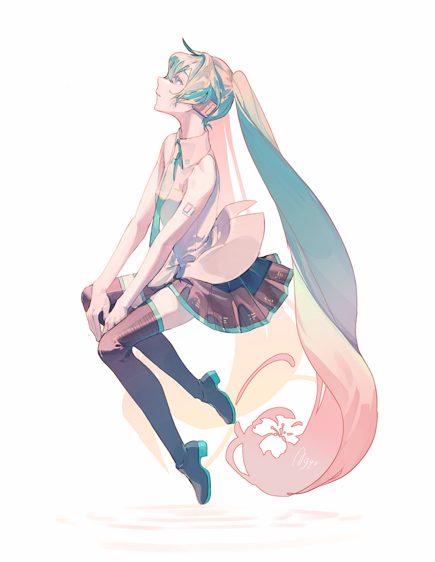 1girl absurdres agyou_sonokou_l bare_shoulders black_footwear black_skirt blue_eyes blue_hair blue_necktie boots collared_shirt crossed_bangs from_side gradient_hair hair_between_eyes hair_intakes hands_on_own_legs hatsune_miku highres invisible_chair long_hair looking_up miniskirt multicolored_hair necktie number_tattoo parted_lips pink_hair pleated_skirt profile ripples shirt sidelocks signature simple_background sitting skirt sleeveless sleeveless_shirt solo tattoo thigh_boots twintails very_long_hair vocaloid white_background white_shirt zettai_ryouiki