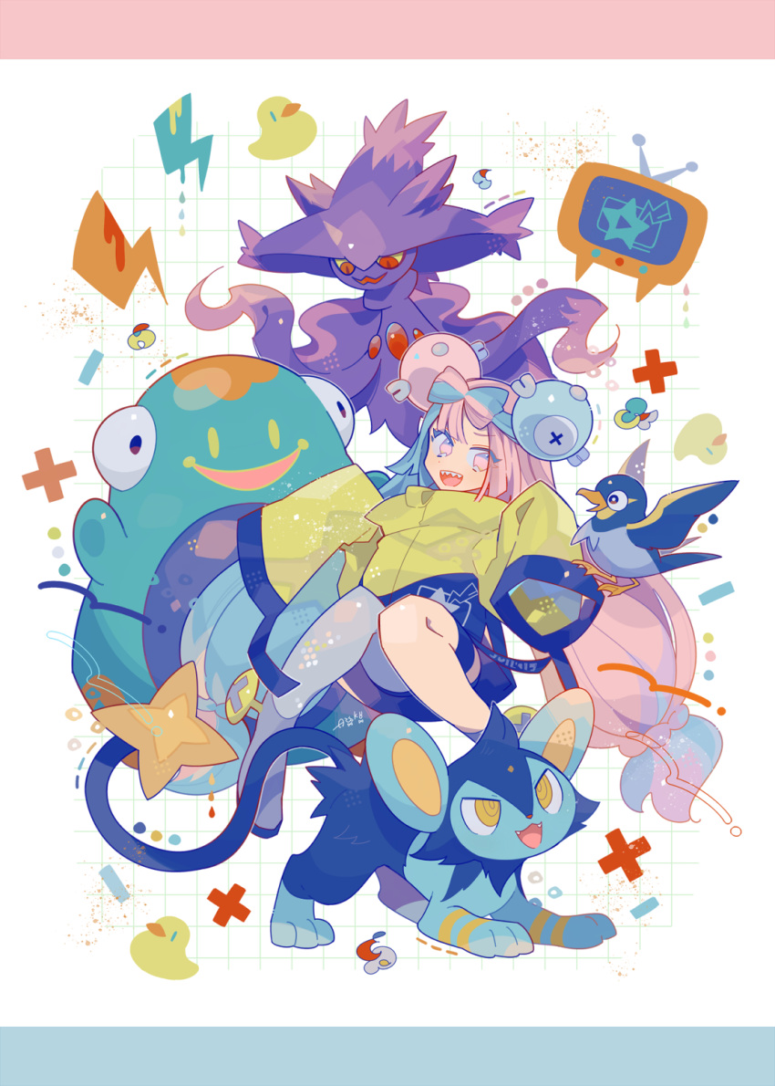 1girl auko bellibolt black_shorts blue_hair bow-shaped_hair character_hair_ornament coat commentary_request full_body grey_pantyhose grid_background hair_ornament highres iono_(pokemon) letterboxed lightning_bolt_symbol long_hair low-tied_long_hair luxio magnemite mismagius multicolored_hair oversized_clothes pantyhose pink_eyes pink_hair pokemon pokemon_(creature) pokemon_sv rubber_duck sharp_teeth shorts simple_background single_leg_pantyhose sleeves_past_fingers sleeves_past_wrists split-color_hair teeth television thigh_strap very_long_hair wattrel white_background x yellow_coat