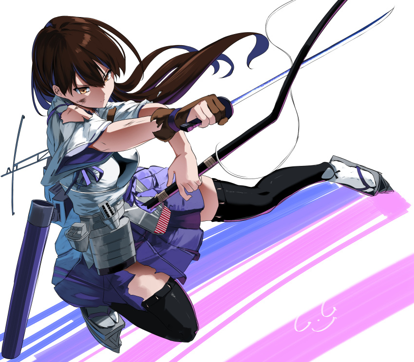 1girl akagi_(kancolle) black_footwear black_thighhighs blue_skirt bow_(weapon) brown_eyes brown_hair closed_mouth frown gegeron highres holding holding_sword holding_weapon kantai_collection katana pleated_skirt shirt shoes short_sleeves skirt solo sword thigh-highs torn_clothes weapon white_shirt