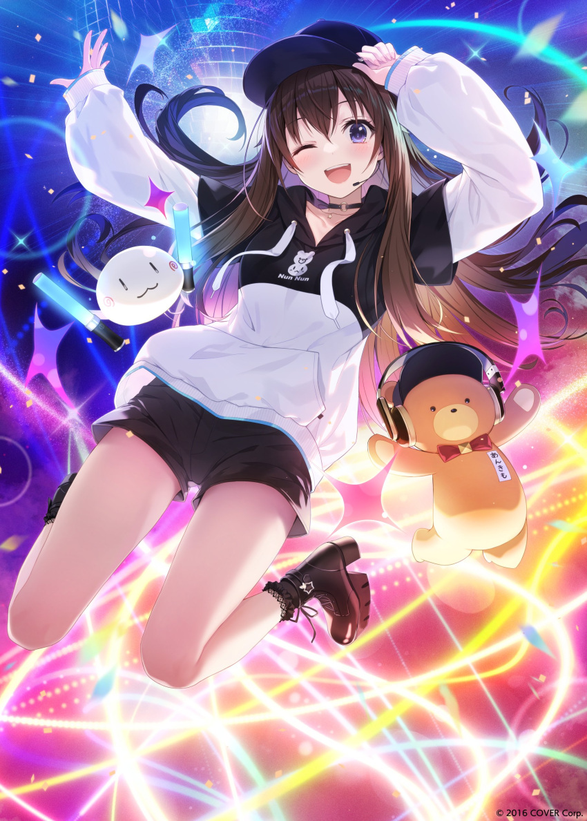1girl absurdres amagai_tarou ankimo_(tokino_sora) baseball_cap black_choker black_headwear black_hoodie boots brown_hair choker commentary disco_ball floating_hair glowstick hair_between_eyes hand_on_headwear hand_up hat headphones highres holding_glowstick hololive hood hoodie jumping lace-trimmed_socks long_hair looking_at_viewer midair multicolored_background nun_nun_(tokino_sora) o-ring o-ring_choker official_alternate_costume official_art one_eye_closed open_mouth penlight_(glowstick) platform_boots platform_footwear shorts smile stage_lights teeth tokino_sora tokino_sora_(streetwear) two-tone_hoodie upper_teeth_only violet_eyes virtual_youtuber white_hoodie