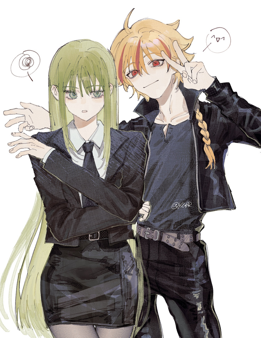 1boy 1other androgynous annoyed belt black_jacket black_necktie black_pants black_skirt blonde_hair braid closed_mouth collared_shirt cowboy_shot enkidu_(fate) fate/strange_fake fate_(series) green_eyes green_hair grey_shirt hand_up highres jacket leather leather_jacket long_hair looking_at_viewer multicolored_hair necktie open_clothes open_jacket pants parted_lips pencil_skirt red_eyes redhead richard_i_(fate) shirt simple_background skirt smile spoken_expression spoken_squiggle squiggle streaked_hair two-tone_hair v white_background white_shirt ynrrr