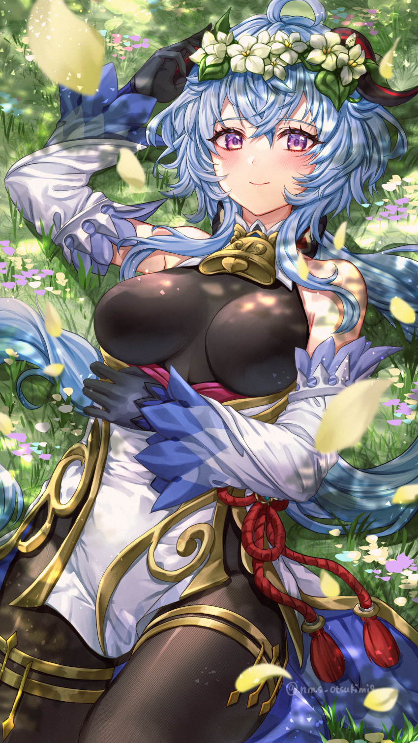 1girl absurdres ahoge bare_shoulders bell black_gloves black_pantyhose blue_hair blush bodystocking breasts detached_sleeves double-parted_bangs flower_wreath ganyu_(genshin_impact) genshin_impact gloves gold_trim hair_between_eyes hand_on_own_head head_wreath highres horns long_hair long_sleeves looking_at_viewer lying neck_bell nyamaso on_back on_grass pantyhose pelvic_curtain smile solo twitter_username violet_eyes