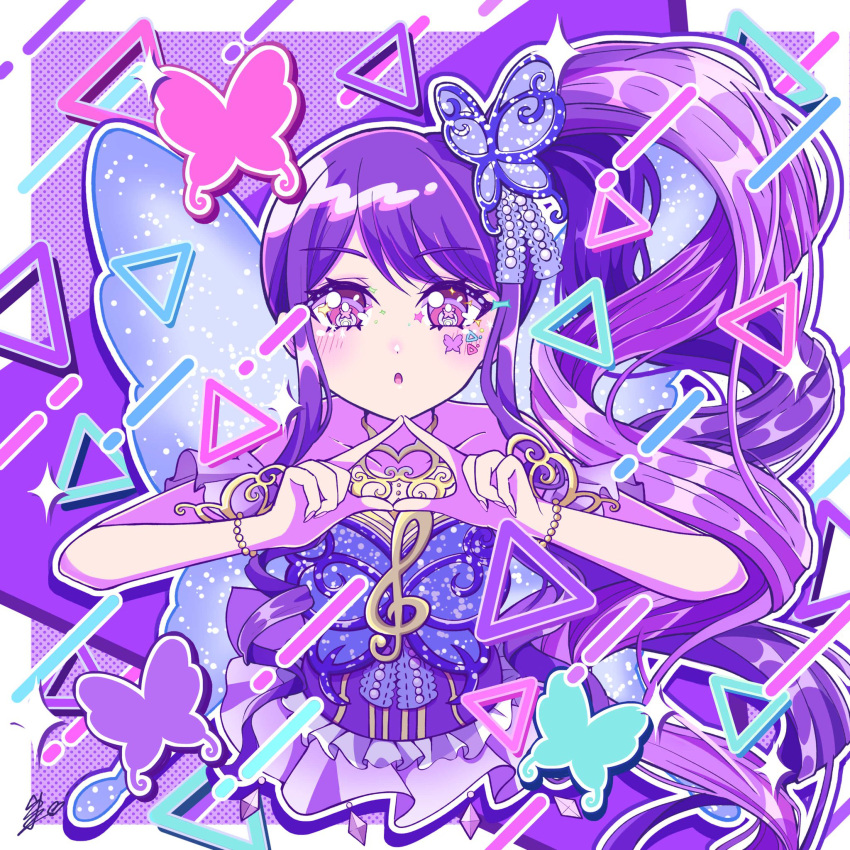 1girl bare_shoulders blue_wings border bracelet butterfly_hair_ornament butterfly_wings commentary_request cropped_torso hair_ornament highres insect_wings jewelry junon_(pripara) long_hair looking_at_viewer open_mouth outline pretty_series pripara purple_hair purple_shirt purple_theme satowa_(circuit) shirt side_ponytail sidelocks solo sparkle sticker_on_face treble_clef triangle triangle_hands upper_body very_long_hair violet_eyes white_border white_outline wings