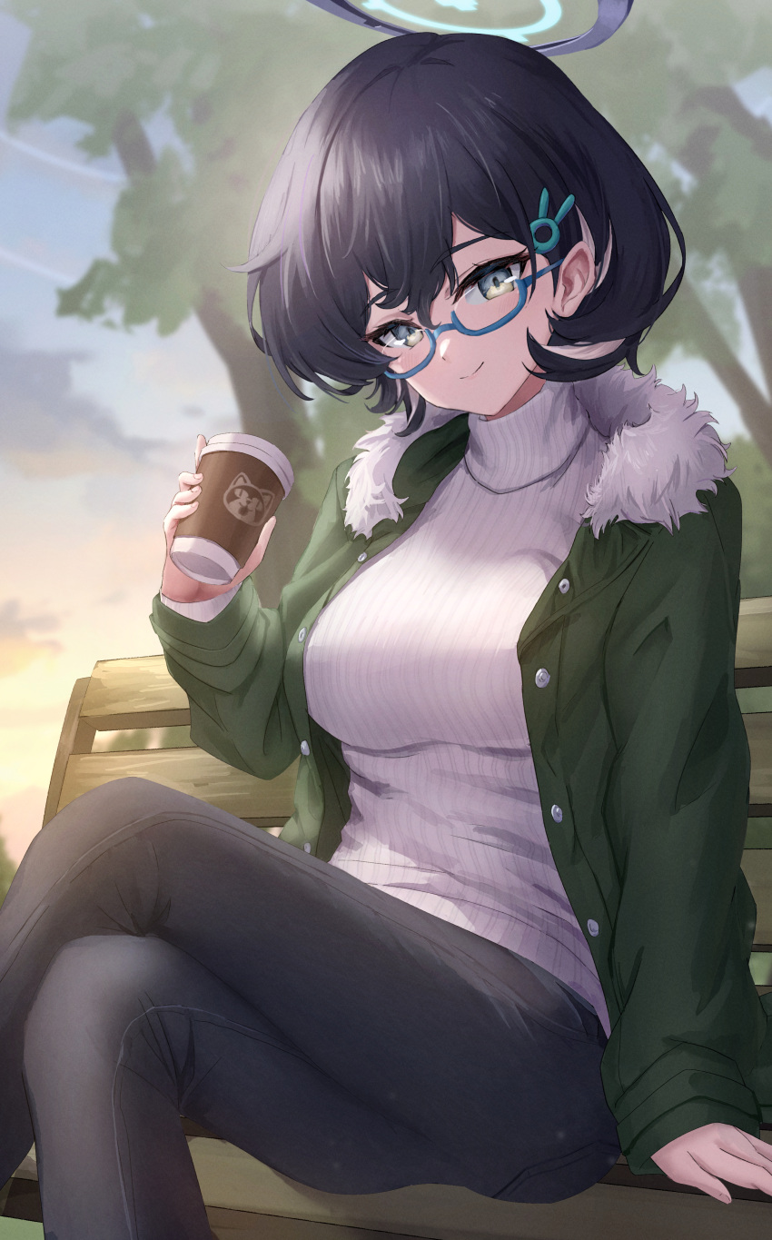 1girl absurdres black_hair black_pants blue-framed_eyewear blue_archive blue_halo chihiro_(blue_archive) closed_mouth coffee_cup crossed_legs cup disposable_cup glasses green_eyes green_jacket hair_between_eyes halo highres holding holding_cup jacket long_sleeves open_clothes open_jacket pants ribbed_sweater short_hair sitting smile solo sweater white_sweater yakishio