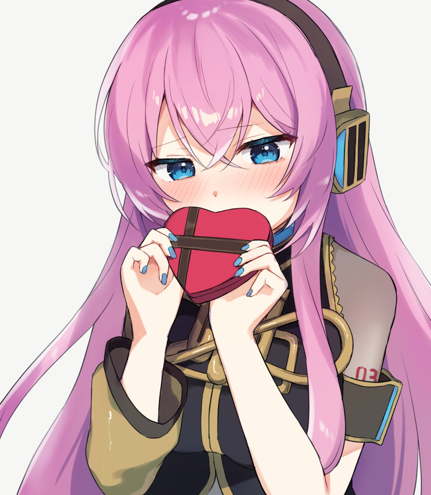 1girl akikan_sabago blue_eyes blush box commentary covered_mouth detached_sleeves headphones heart-shaped_box highres holding holding_box long_hair looking_to_the_side megurine_luka nail_polish pink_hair single_detached_sleeve solo upper_body valentine vocaloid