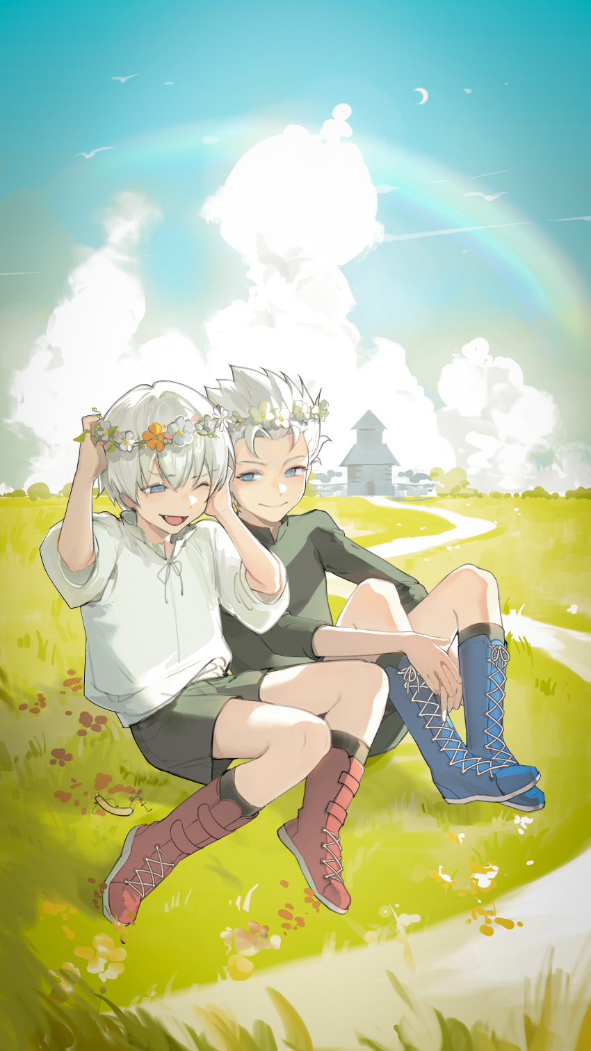 2boys absurdres aged_down blue_eyes blue_sky blush brothers child clouds cloudy_sky cumcmn dante_(devil_may_cry) day devil_may_cry_(series) family field flower flower_wreath grass hair_between_eyes hair_flower hair_ornament hair_slicked_back head_wreath highres male_focus multiple_boys nature open_mouth outdoors rainbow rainbow_gradient shirt short_shorts shorts siblings sky smile sunflower twins vergil_(devil_may_cry) white_hair white_shirt wreath