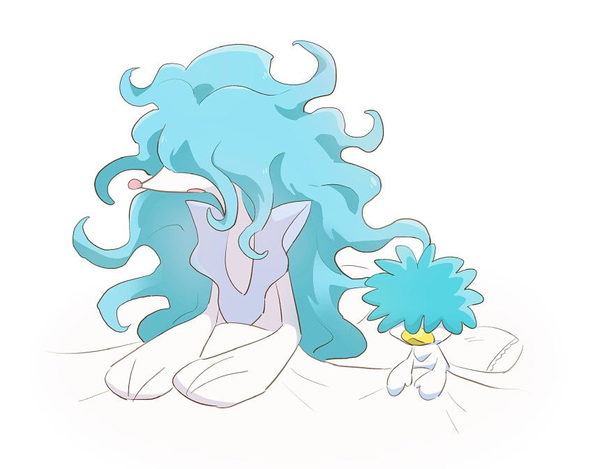 :o commentary_request enden_(slcn040) hair_over_eyes highres messy_hair no_humans open_mouth pillow pokemon pokemon_(creature) primarina quaxly sitting under_covers white_background