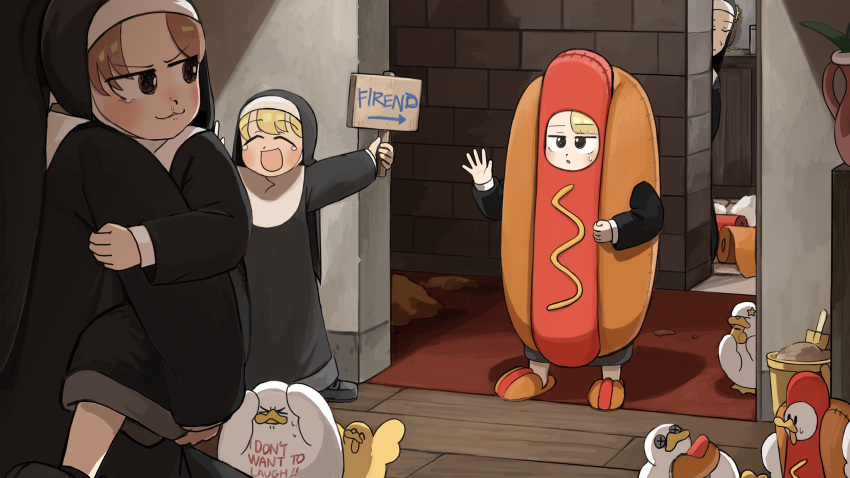 5girls :d aged_down bird blonde_hair body_writing brown_eyes brown_hair bucket chicken closed_eyes clumsy_nun_(diva) diva_(hyxpk) duck english_commentary habit highres holding holding_sign holding_whistle hot_dog_costume hungry_nun_(diva) little_nuns_(diva) multiple_girls nun sign smile spicy_nun_(diva) star_nun_(diva) star_ornament traditional_nun trowel typo whistle yellow_eyes