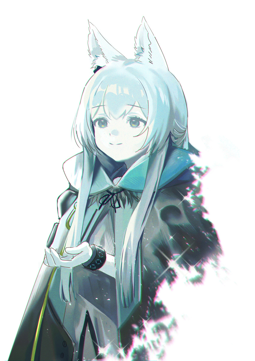 1girl absurdres animal_ear_fluff animal_ears arknights blanchat cat_ears cat_girl cloak closed_mouth commentary earpiece green_eyes grey_hair highres hood hood_down hooded_cloak infection_monitor_(arknights) long_hair rosmontis_(arknights) simple_background smile solo white_background