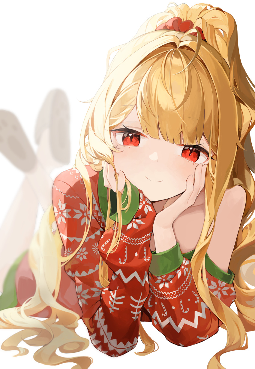 1girl absurdres blonde_hair closed_mouth copyright_request head_rest highres long_hair long_sleeves looking_at_viewer lumeru_33 lying on_stomach ponytail red_eyes red_sweater shoes slit_pupils smile solo sweater the_pose