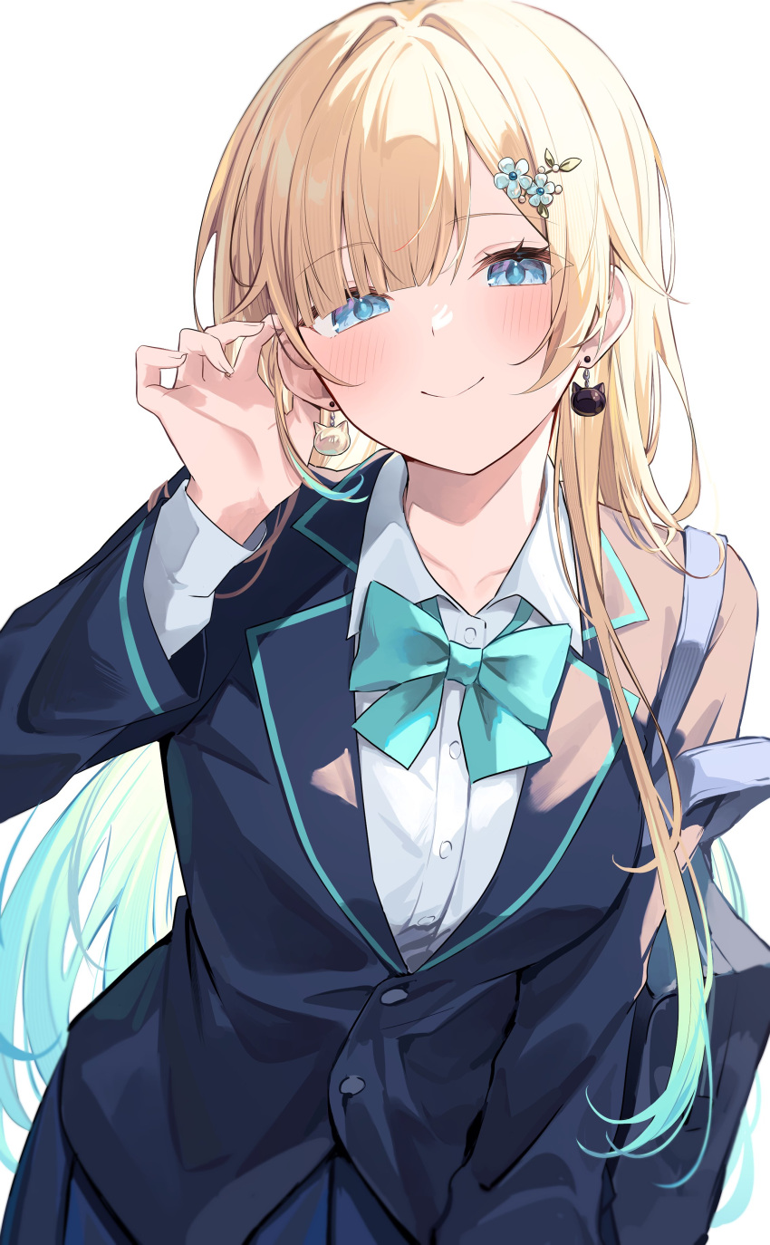 absurdres aizawa_ema blonde_hair blue_eyes blush bow closed_mouth collared_shirt green_bow green_hair hair_ornament hairpin hand_in_own_hair highres long_hair looking_at_viewer multicolored_hair shirt simple_background smile standing upper_body virtual_youtuber vspo! white_background white_shirt yuzutouhu_ika