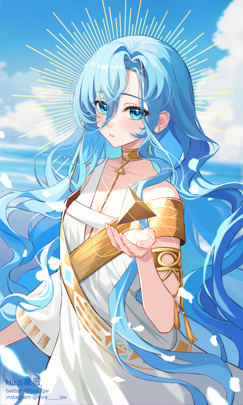 1girl 37_(reverse:1999) absurdres ancient_greek_clothes armlet artist_name blue_eyes blue_hair blue_sky blurry blurry_background clouds day flat_chest gold_choker greco-roman_clothes hair_between_eyes halo_behind_head hand_up highres hira_qw instagram_username long_hair looking_at_viewer ocean outdoors parted_lips reverse:1999 single_sleeve sky solo tetrahedron toga twitter_username upper_body very_long_hair