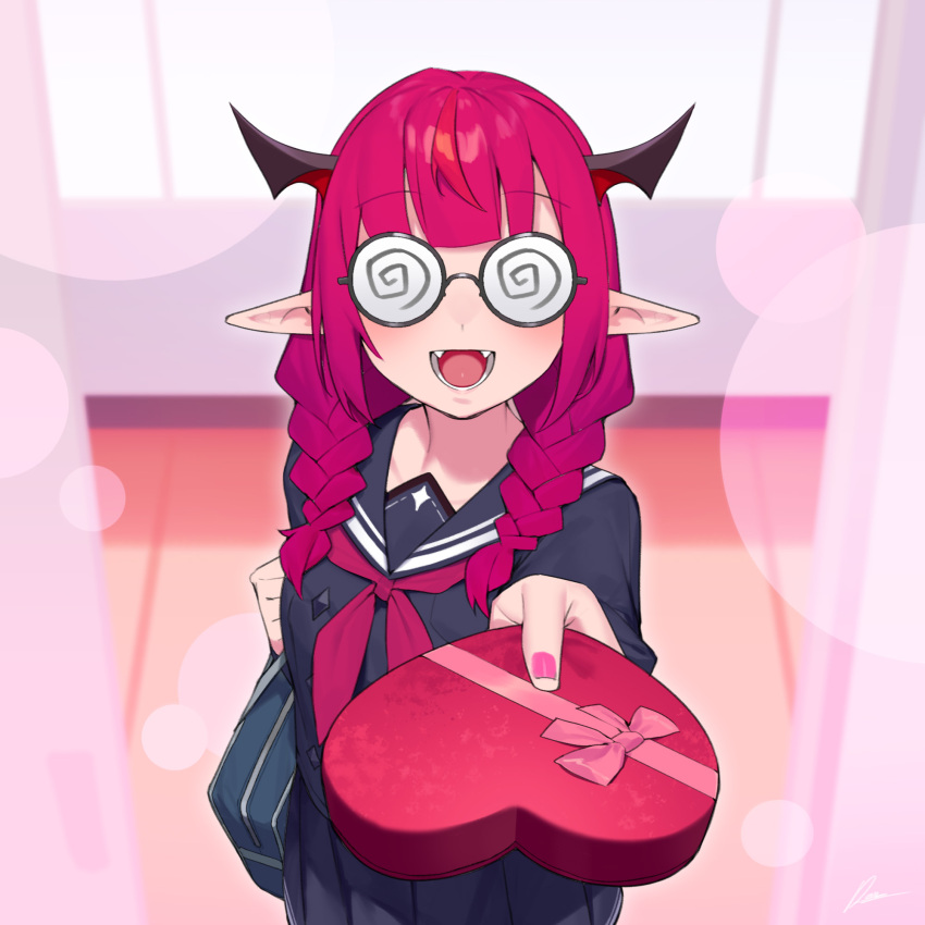 1girl bag black_shirt black_skirt braid dasdokter demon_horns english_commentary glasses green_eyes heterochromia highres hololive hololive_english horns incoming_gift irys_(gamer)_(hololive) irys_(hololive) long_hair long_sleeves open_mouth pink_eyes pink_hair pleated_skirt pointy_ears reaching reaching_towards_viewer round_eyewear school_bag shirt skirt smile solo teeth tongue twin_braids twintails valentine virtual_youtuber