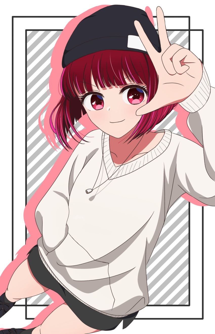 1girl absurdres arima_kana black_footwear black_headwear black_shorts closed_mouth commentary highres jewelry necklace nm_(blue-rapid) oshi_no_ko red_eyes redhead shoes shorts smile solo sweater w white_sweater