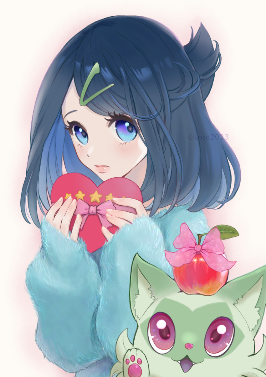 1girl absurdres apple black_hair blue_eyes box closed_mouth commentary_request cowlick eyelashes food fruit fur_jacket green_jacket hair_ornament hairclip hands_up heart-shaped_box highres holding jacket koso2023 liko_(pokemon) pokemon pokemon_(anime) pokemon_(creature) pokemon_horizons sprigatito valentine white_background
