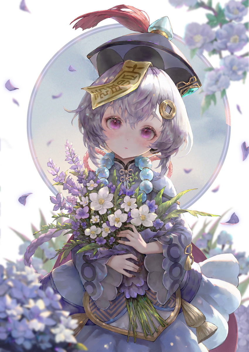 1girl bouquet child dress flower genshin_impact hat highres holding holding_bouquet jewelry jiangshi kim_eul_bong long_hair long_sleeves looking_back necklace parted_lips pearl_necklace purple_dress qiqi_(genshin_impact) sidelocks simple_background talisman violet_eyes