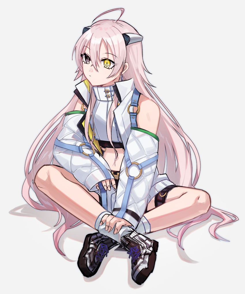 1girl aoki_shizumi closed_mouth d4dj grey_eyes hair_between_eyes heterochromia highres ichihoshi_lumina indian_style long_hair open_clothes pink_hair sitting sleeves_past_wrists solo very_long_hair white_background yellow_eyes