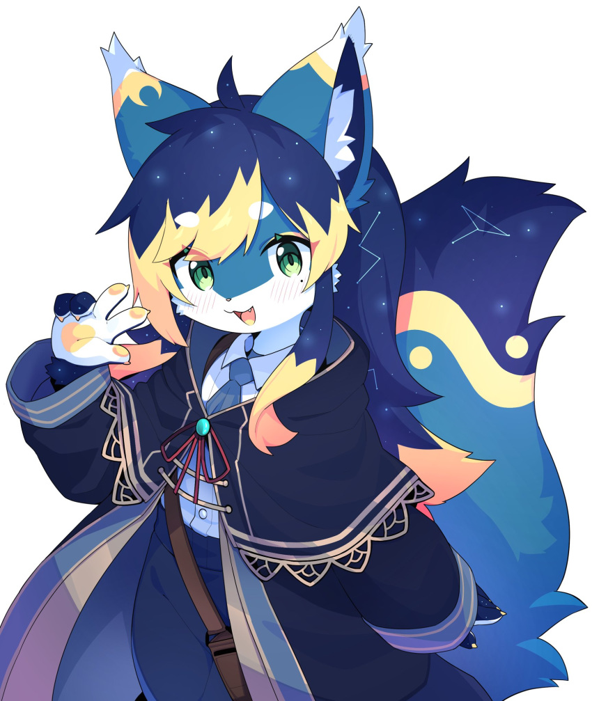 1girl ahoge animal_ear_fluff animal_ears ascot blonde_hair blue_ascot blue_hair blue_pants capelet cat_ears cat_tail claws constellation dev_voxy fang furry furry_female green_eyes highres long_hair looking_at_viewer mole mole_under_eye multicolored_hair open_mouth original pants patterned_hair pawpads second-party_source shirt_tucked_in sidelocks simple_background solo tail w white_background
