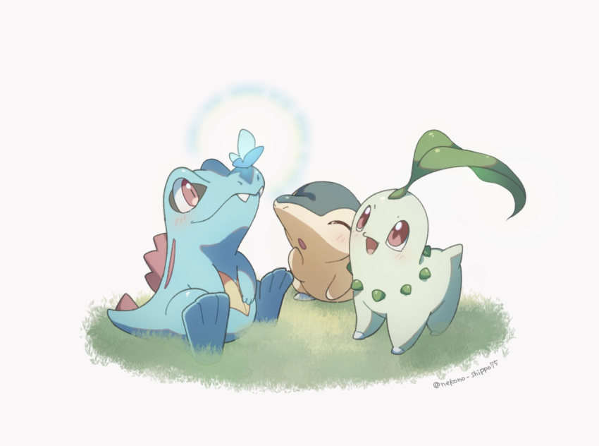 :o blush bug butterfly chikorita closed_eyes closed_mouth commentary_request cyndaquil fangs fangs_out grass looking_up nako_(nekono_shippo75) open_mouth pokemon red_eyes sitting smile starter_pokemon_trio totodile white_background