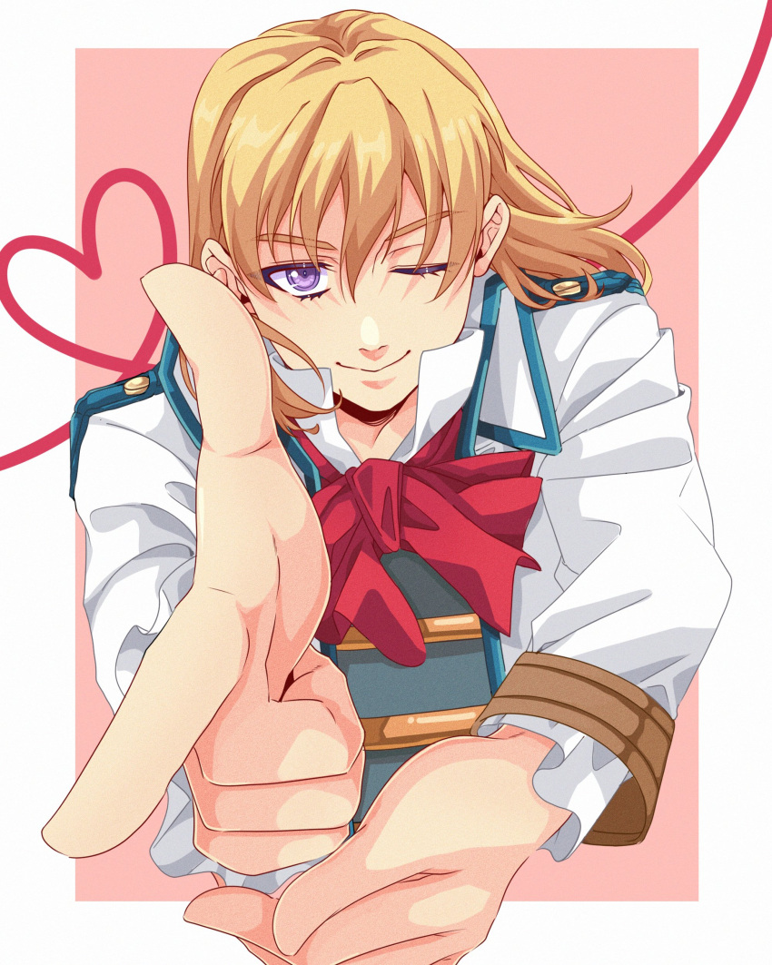 1boy absurdres blonde_hair border bow closed_mouth commentary cropped_torso eiyuu_densetsu english_commentary eyelashes hair_between_eyes heart highres long_hair looking_at_viewer male_focus olivert_reise_arnor one_eye_closed outside_border pointing pointing_at_viewer red_background red_bow sen_no_kiseki simple_background solo upper_body violet_eyes white_border yuzukiyo