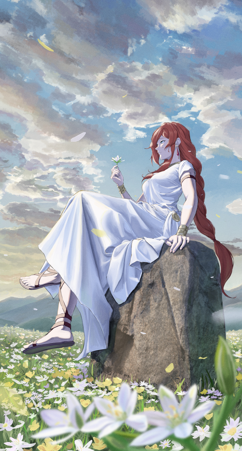 1girl absurdres arm_strap arm_support blue_eyes bocchi_(kuropom7) braid closed_mouth clouds cloudy_sky crossed_legs earrings field flamme_(sousou_no_frieren) flower flower_field from_side hand_up highres holding holding_flower jewelry long_braid long_hair mountainous_horizon no_socks parted_bangs redhead robe rock sandals short_sleeves sidelocks single_braid sitting sitting_on_rock sky solo sousou_no_frieren white_robe wrist_cuffs