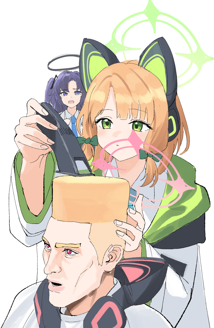 3girls animal_ear_headphones animal_ears barber_cape black_halo blue_archive blue_necktie bow cat_ear_headphones choso_giving_toudou_a_haircut_(meme) cutting_hair electric_razor fade_(haircut) fake_animal_ears flattop green_bow green_hair green_halo hair_clipper halo headphones highres low-tied_sidelocks mechanical_halo meme midori_(blue_archive) momoi_(blue_archive) multiple_girls necktie nonbire pink_halo purple_hair siblings sisters tall_hair twins two_side_up white_background wireless_earphones yuuka_(blue_archive)