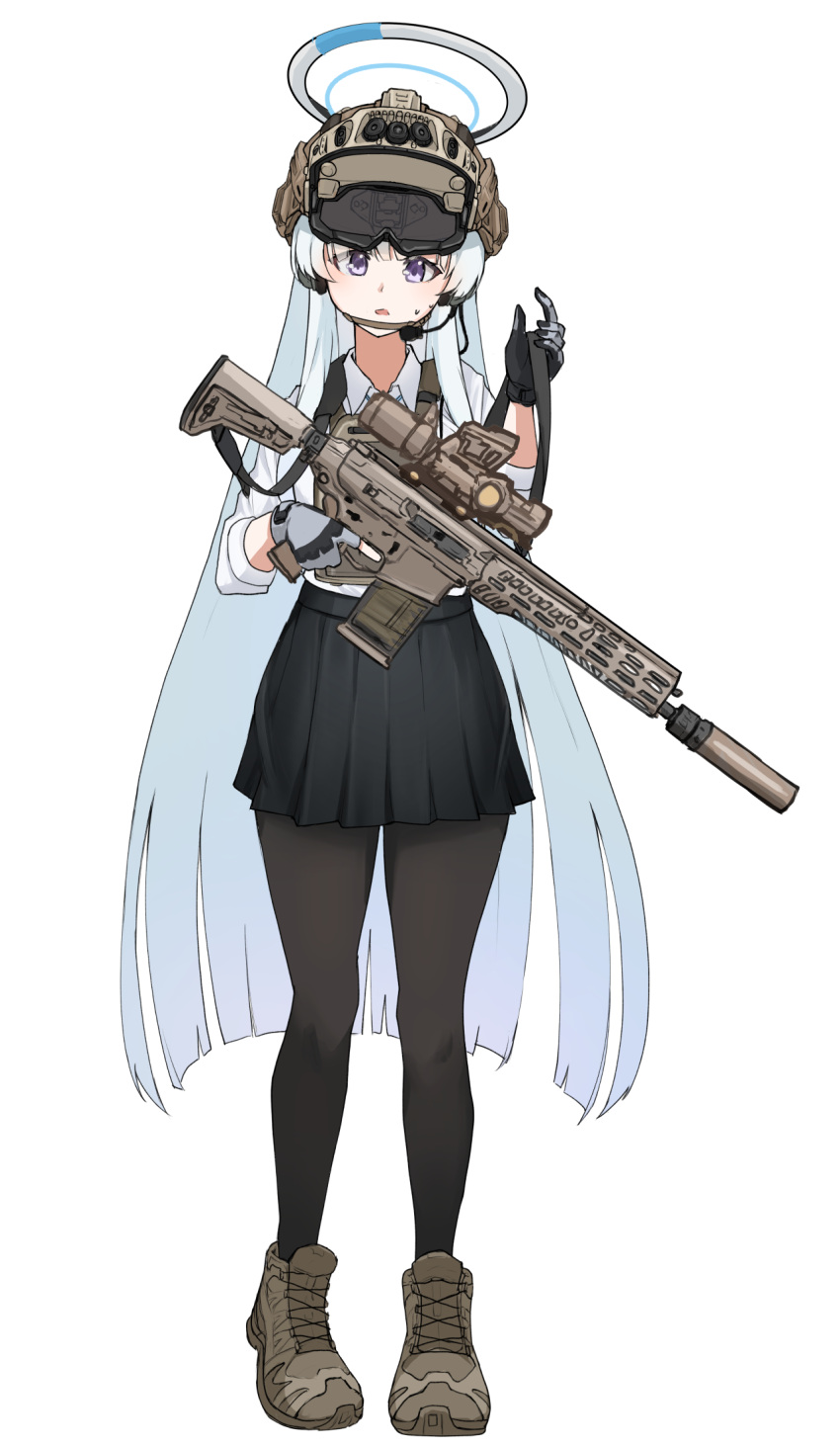1girl alternate_costume black_gloves black_pantyhose black_skirt blue_archive blush brown_footwear brown_headwear clov3r collared_shirt full_body gloves grey_gloves grey_hair gun halo hat highres holding holding_gun holding_weapon long_hair long_sleeves looking_at_viewer mechanical_halo noa_(blue_archive) open_mouth pantyhose pleated_skirt shirt shoes simple_background skirt solo two-tone_gloves violet_eyes weapon white_background white_shirt