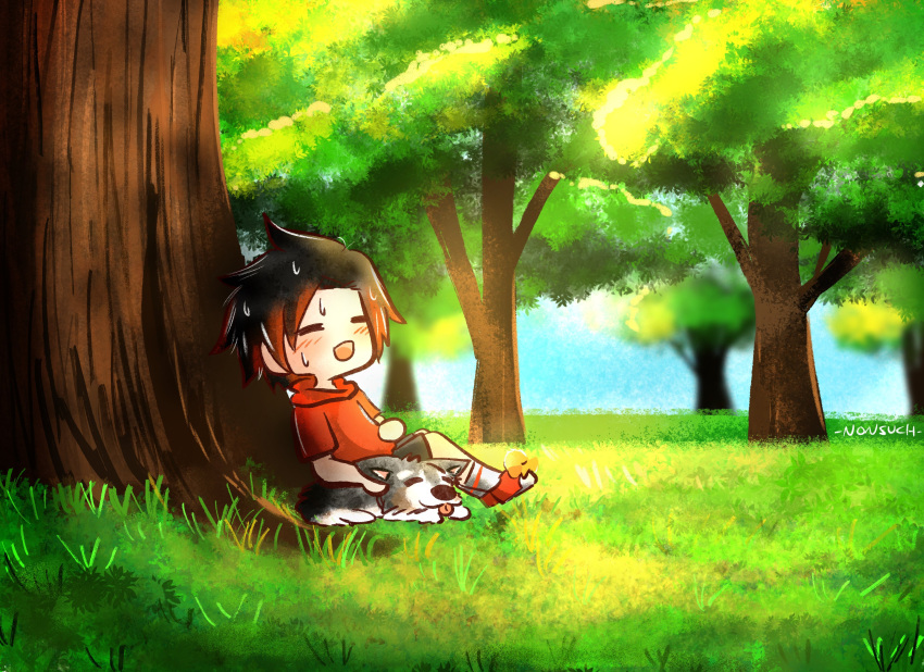 1girl absurdres ag_nonsuch against_tree black_hair black_shorts blue_sky closed_eyes commentary dog grass highres hood hoodie multicolored_hair red_hoodie redhead ruby_rose rwby shorts signature sky streaked_hair sweat tree two-tone_hair