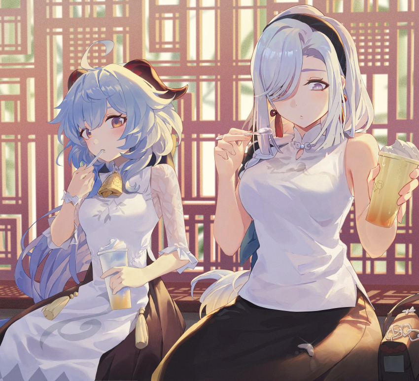 2girls absurdres ahoge bell black_skirt blue_eyes blue_hair breasts cup disposable_cup dress ganyu_(genshin_impact) ganyu_(heytea)_(genshin_impact) genshin_impact hair_over_one_eye hairband highres holding holding_cup horns jebura large_breasts long_hair looking_at_viewer looking_down medium_breasts multiple_girls neck_bell official_alternate_costume see-through see-through_sleeves shenhe_(genshin_impact) shenhe_(heytea)_(genshin_impact) shirt sidelocks sitting skirt sleeveless sleeveless_shirt violet_eyes white_hair white_wristband