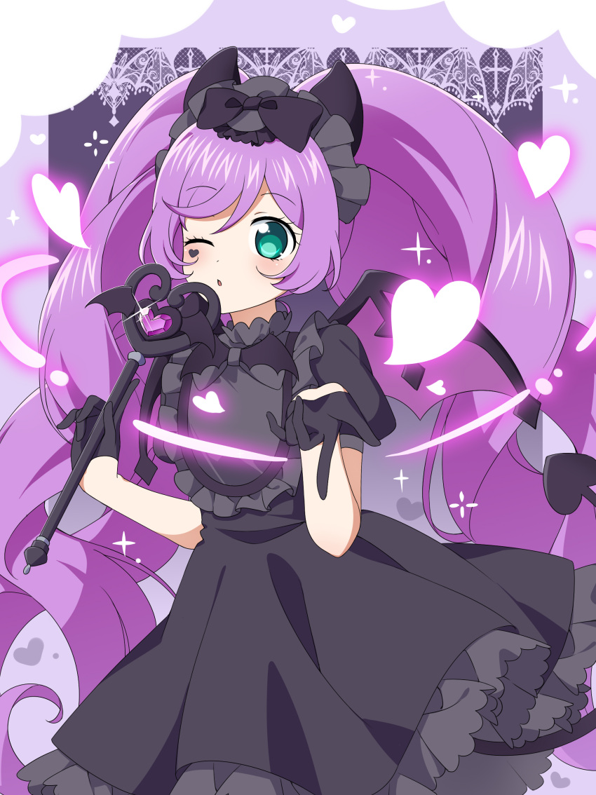 1girl absurdres black_dress black_gloves black_hairband black_horns black_tail blowing_kiss blue_eyes blush bow commentary_request commission cowboy_shot demon_horns demon_tail demon_wings dress ebi_nana frilled_dress frills gloves hair_bow hairband hands_up heart highres holding holding_wand horns long_hair looking_at_viewer manaka_laala one_eye_closed open_mouth pixiv_commission pretty_series pripara purple_hair smile solo sparkle standing tail twintails very_long_hair wand wings