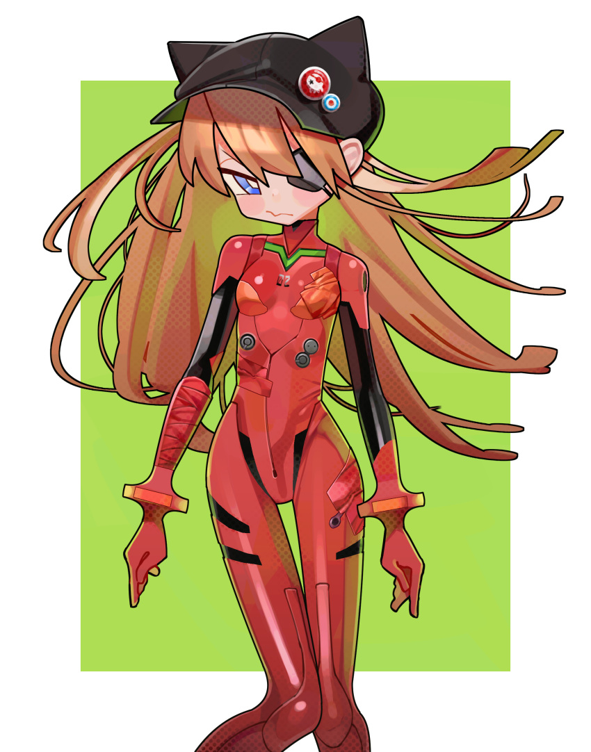 1girl absurdres black_headwear blue_eyes bodysuit closed_mouth cowboy_shot eyepatch gloves hat highres latex latex_bodysuit latex_gloves neon_genesis_evangelion one_eye_covered plugsuit red_gloves redhead saaal653 simple_background solo souryuu_asuka_langley