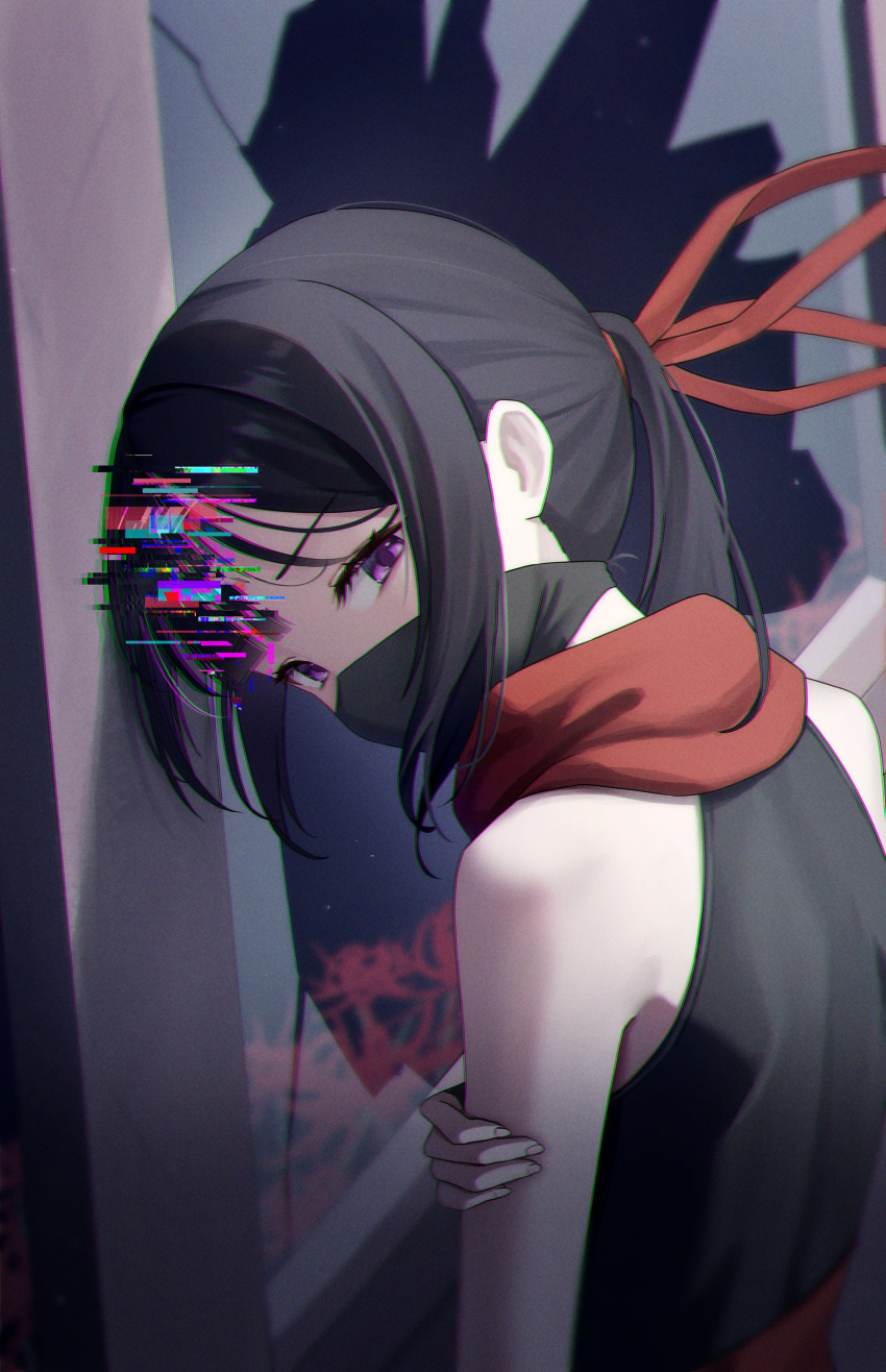 1girl absurdres bare_shoulders black_hair black_mask broken_window chromatic_aberration commentary_request dokgo_hyeji flower from_behind hair_ribbon highres holding_own_arm long_hair looking_at_viewer looking_back mask mouth_mask ponytail red_ribbon red_scarf ribbon rinrasetsu scarf sidelocks solo spider_lily violet_eyes virtual_youtuber waktaverse