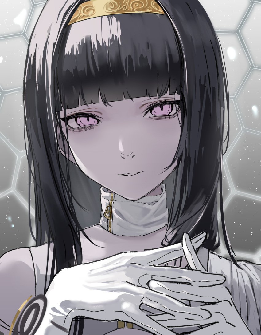 1girl absurdres black_eyes black_hair blunt_bangs closed_mouth detached_collar_removed dress eyelashes gloves gnosia hairband highres hime_cut long_hair looking_at_viewer rerendi smile solo straight_hair white_dress white_gloves yuriko_(gnosia)