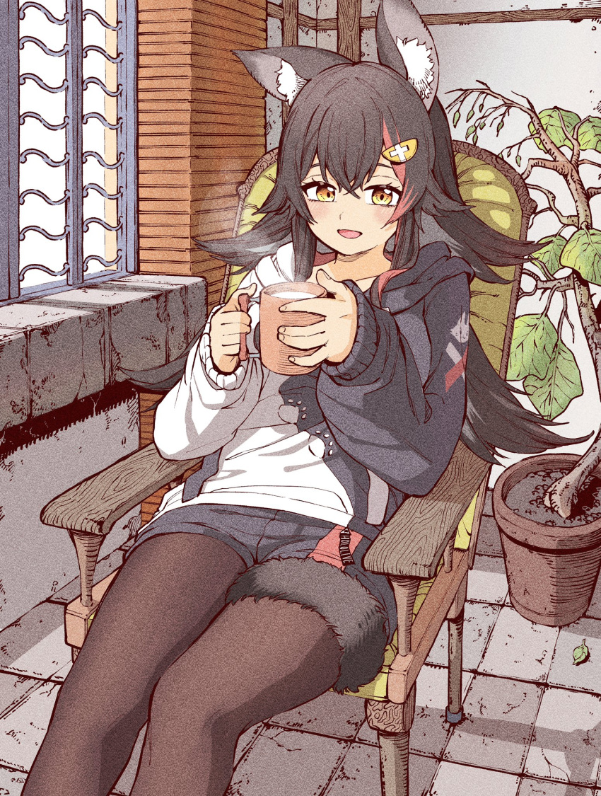 1girl animal_ear_fluff animal_ears arm_rest black_hair black_hoodie drink hair_between_eyes hair_ornament highres holding holding_drink hololive hood hoodie indoors leaf leaning_back long_hair long_sleeves multicolored_hair official_alternate_costume on_chair ookami_mio ookami_mio_(3rd_costume) open_mouth pantyhose paw_print paw_print_pattern plant potted_plant redhead relaxing shorts sitting solo streaked_hair tail tail_around_own_leg tile_floor tiles two-tone_hoodie virtual_youtuber white_hoodie wolf_ears wolf_girl wolf_tail wooden_chair yellow_eyes yurai0739