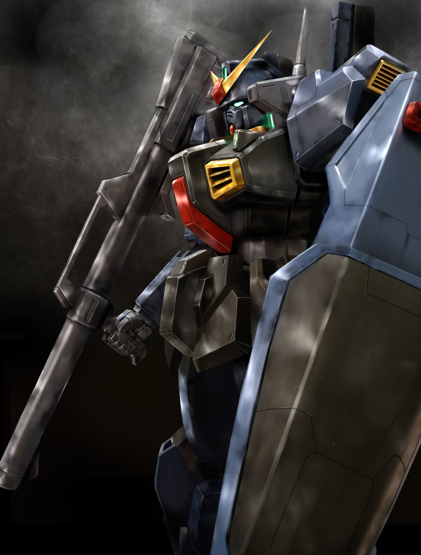 absurdres bazooka_(gundam) commentary_request feet_out_of_frame from_side glowing glowing_eye green_eyes gundam gundam_mk_ii highres holding holding_weapon looking_ahead mecha mobile_suit nicobear_(user_rpsz5355) no_humans profile radio_antenna robot science_fiction shield solo standing titans_(gundam) v-fin weapon zeta_gundam