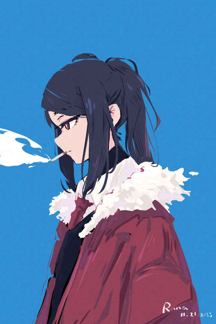 1girl absurdres arms_at_sides artist_name black_hair black_vest blue_background cigarette closed_mouth collared_shirt dated expressionless from_side fur-trimmed_jacket fur_trim highres jacket jill_stingray long_hair long_sleeves necktie open_clothes open_jacket ponytail profile red_eyes red_jacket red_necktie rnna shirt simple_background smoke_trail smoking solo swept_bangs va-11_hall-a vest white_shirt