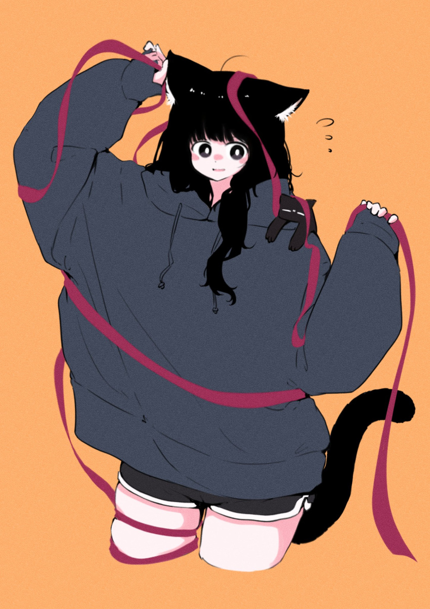 1girl ahoge animal_ear_fluff animal_ears animal_on_shoulder arms_up black_cat black_eyes black_hair blush bright_pupils cat cat_ears cat_girl cat_on_shoulder cat_tail cropped_legs dolphin_shorts flying_sweatdrops grey_hoodie hair_over_shoulder highres hood hoodie megateru nose_blush orange_background original oversized_clothes parted_lips red_ribbon ribbon shorts skindentation sleeves_past_wrists smile solo tail thighs w_arms white_pupils