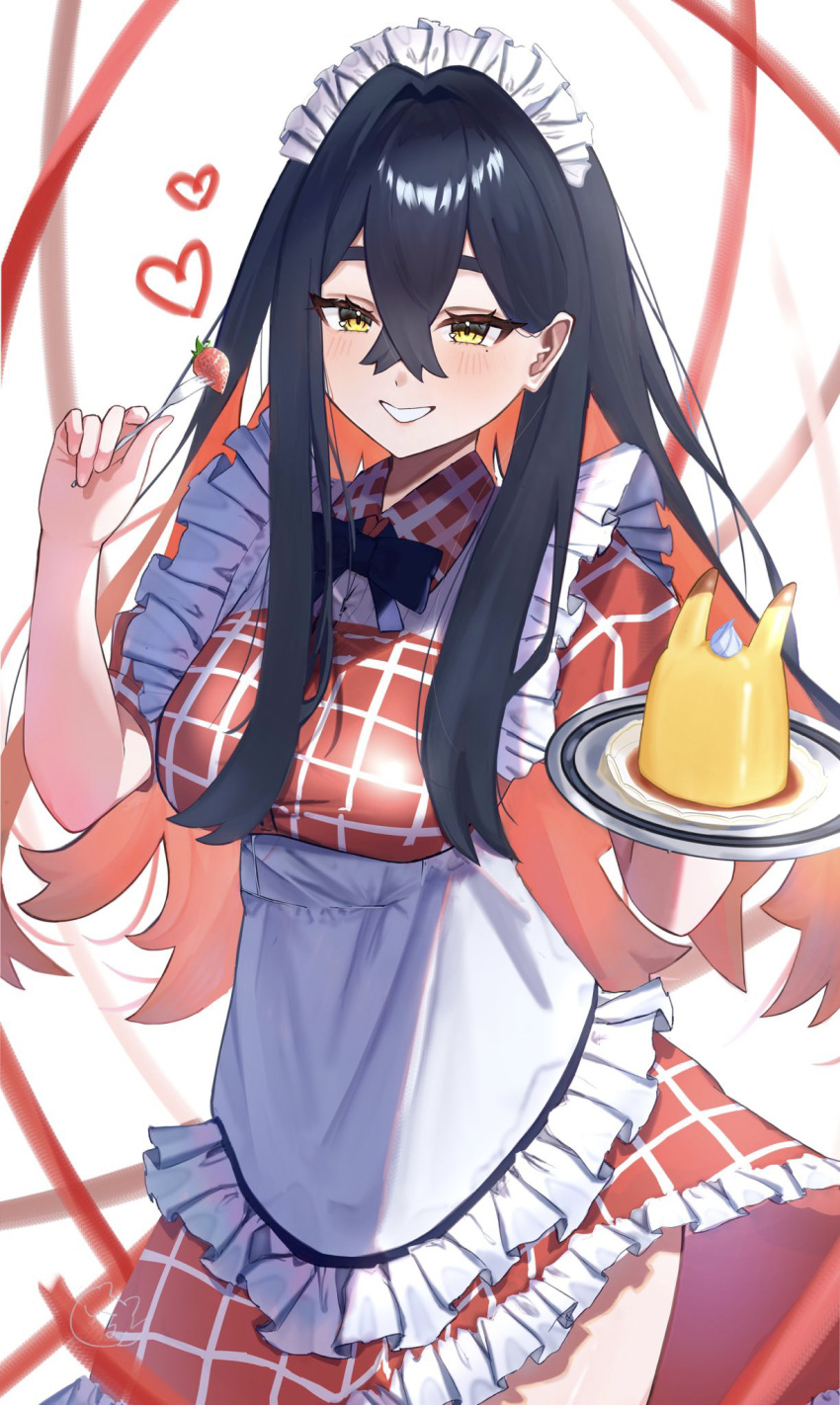1girl alternate_costume apron black_bow black_bowtie black_hair blush bow bowtie carmine_(pokemon) colored_inner_hair commentary_request crossed_bangs dress enmaided eyelashes food fork frills fruit grin hair_between_eyes hands_up headdress heart highres holding holding_fork holding_plate long_hair maid multicolored_hair plate pokemon pokemon_sv pudding red_dress shichimi_soba smile solo strawberry teeth themed_object valentine waist_apron white_apron yellow_eyes