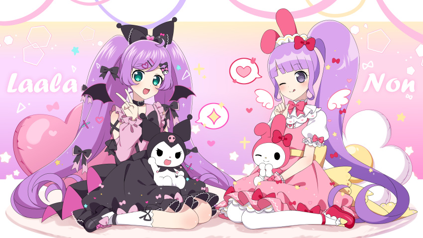 2girls :d absurdres ahoge animal_ears black_footwear black_skirt black_wings blunt_bangs blush bow commission crossover demon_wings dress ebi_nana fake_animal_ears flower full_body hair_bow hand_up heart highres jirai_kei kuromi long_hair looking_at_viewer manaka_laala manaka_non mary_janes multiple_girls my_melody official_style one_eye_closed onegai_my_melody open_mouth pink_bow pink_dress pink_shirt pixiv_commission pretty_series pripara puffy_short_sleeves puffy_sleeves purple_hair rabbit_ears sanrio shirt shoes short_sleeves siblings side_ponytail sisters sitting skirt smile socks speech_bubble spoken_heart spoken_sparkle thigh-highs tongue tongue_out twintails v very_long_hair violet_eyes wariza white_flower white_shirt white_socks white_thighhighs wings