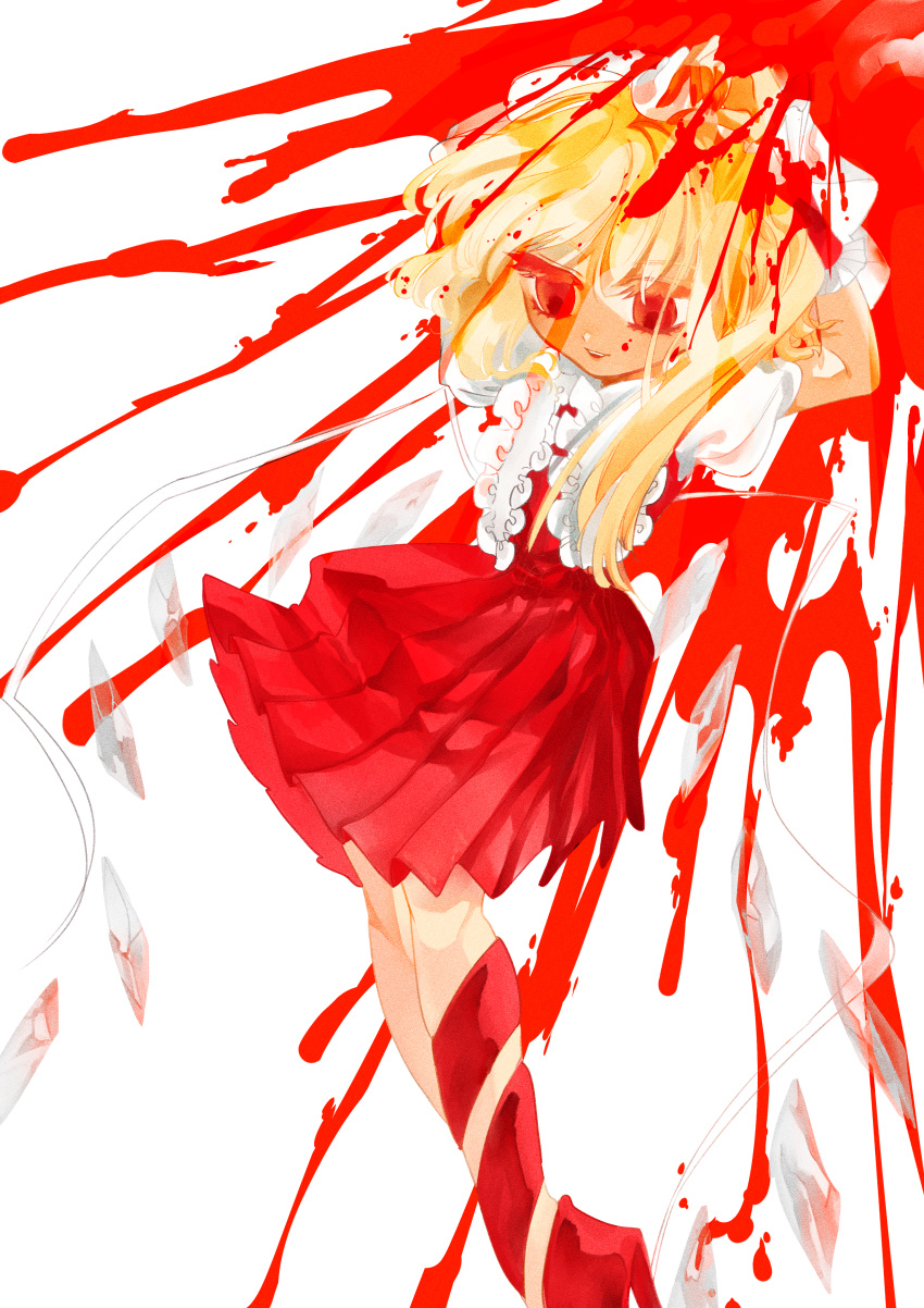 1girl absurdres blonde_hair blood blood_on_face blood_splatter cowboy_shot flandre_scarlet frills highres medium_hair red_eyes red_skirt red_thighhighs side_ponytail simple_background skirt smile solo thigh-highs touhou wan495 white_background