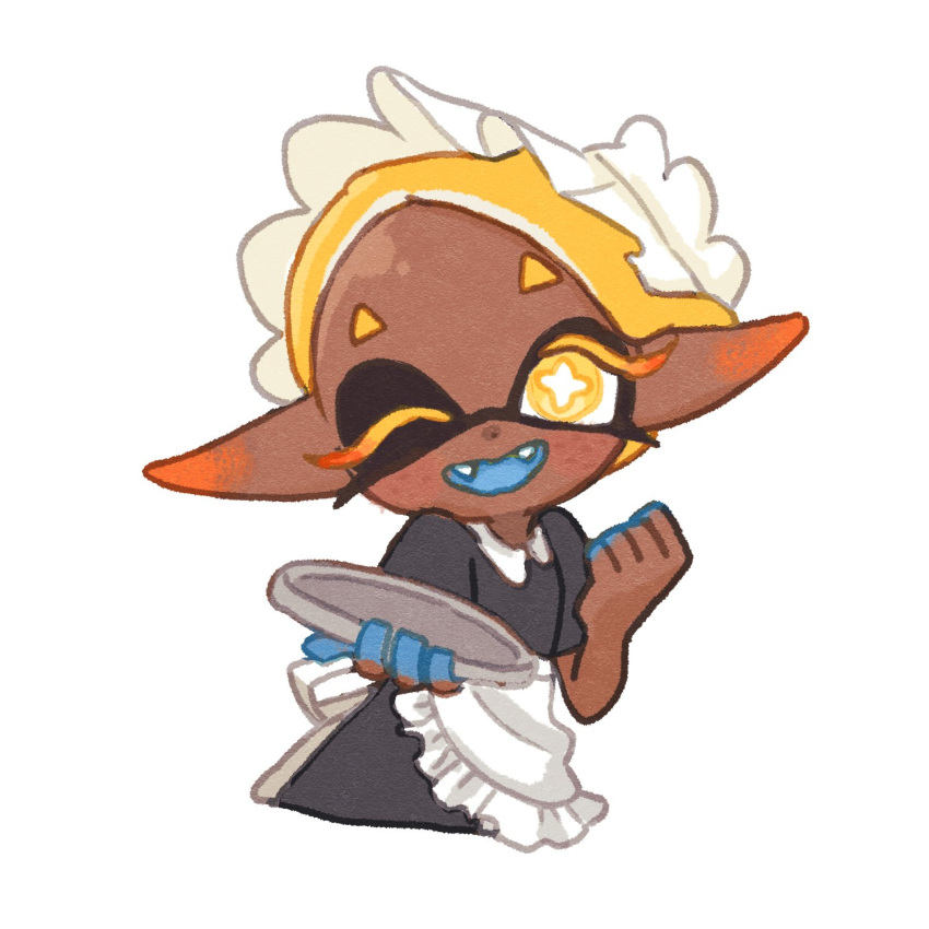 1girl apron bright_pupils clenched_hand colored_eyelashes dark-skinned_female dark_skin eyelashes fangs frye_(splatoon) highres holding holding_plate long_pointy_ears looking_at_viewer maid_apron maid_headdress ng_nik9 one_eye_closed plate pointy_ears short_hair simple_background solo splatoon_(series) splatoon_3 star-shaped_pupils star_(symbol) symbol-shaped_pupils tentacle_hair thick_eyebrows upper_body white_background white_pupils yellow_eyes