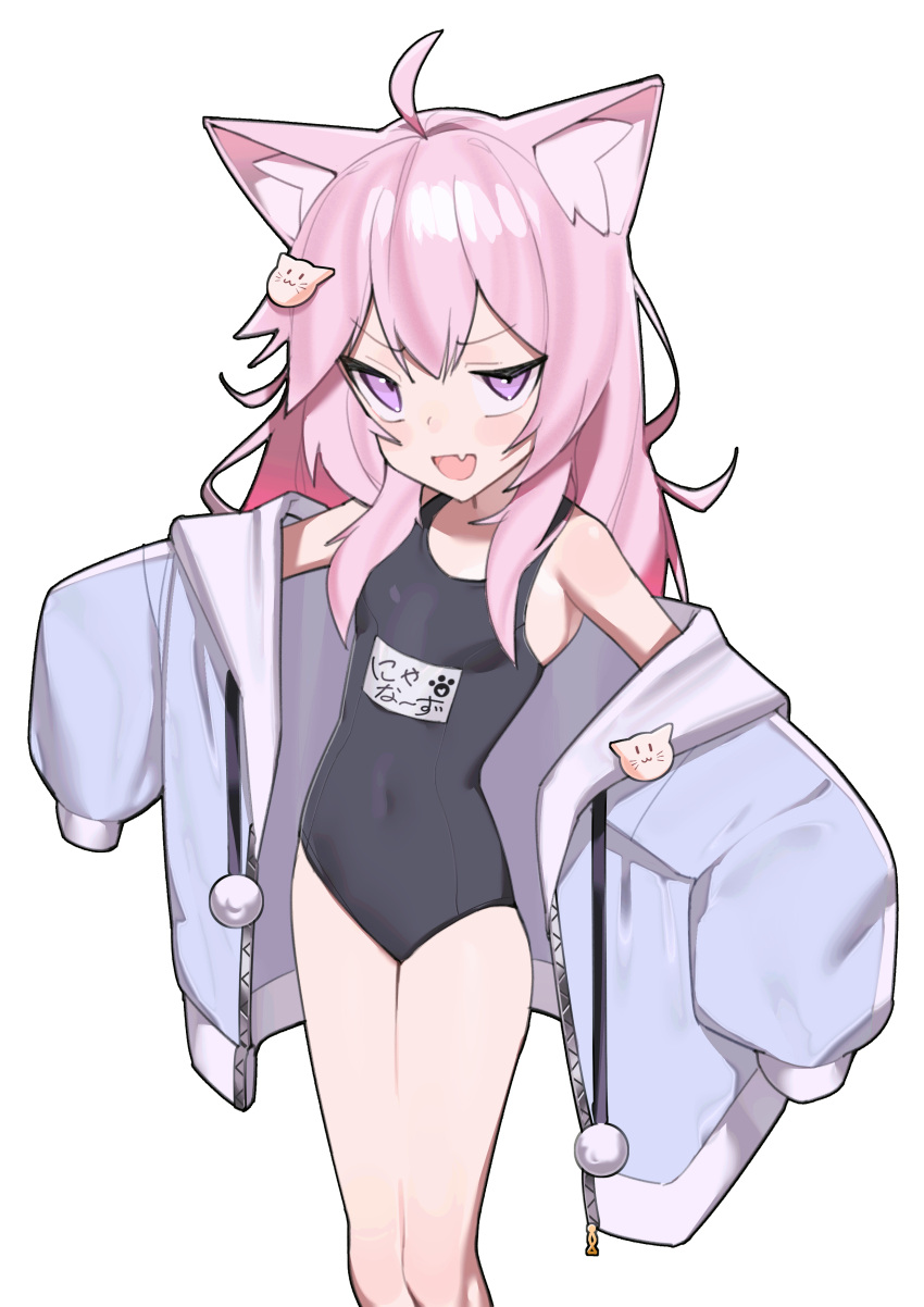 1girl absurdres ahoge animal_ears armpits black_one-piece_swimsuit cat_ears cat_girl cowboy_shot hair_ornament hairpin highres indie_virtual_youtuber jacket long_hair nyatasha_nyanners one-piece_swimsuit open_mouth pink_eyes pink_hair saaal653 simple_background solo swimsuit white_background