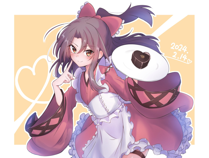 1girl 702_(naotsu) absurdres apron bow brown_eyes candy chocolate dated food frilled_apron frilled_bow frilled_kimono frills grey_hair hair_bow heart heart-shaped_chocolate highres index_finger_raised japanese_clothes kantai_collection kimono long_hair ponytail red_bow red_kimono sidelocks smile solo valentine white_apron wide_sleeves yellow_background zuihou_(kancolle)